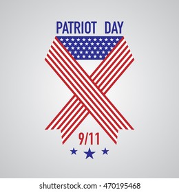 Patriot day ribbon with american flag, date 11 september. Blue and red colors. Vector illustration. We will never forget 9/11.