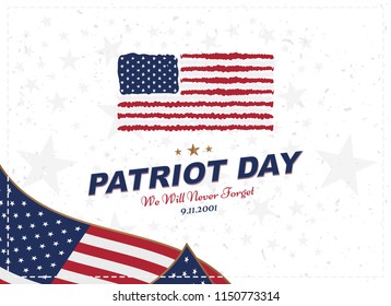 Patriot Day september 11. 2001 We will never forget. Typography with the flag of the USA on a white background. Vector font combination to the day of memory of the American people. Flat element EPS 10