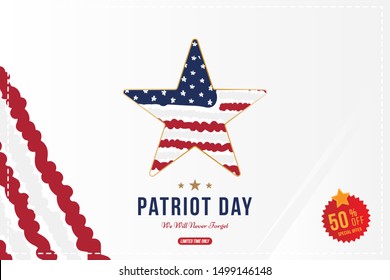 Patriot Day september 11. 2001 Greeting card with Sale 50% offer and star close up and USA flag. National American holiday event. Flat Vector illustration EPS10