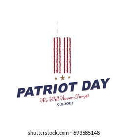 Patriot Day september 11. 2001 We will never forget. Typography with the twins tower on a white background. Vector font combination to the day of memory of the American people. Flat element EPS 10
