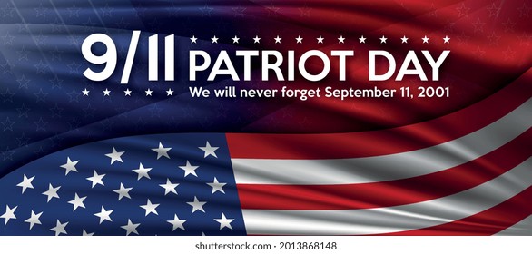 Patriot day. September 11, patriot day background. United states flag poster. American flag and text on red and blue with stars background for Patriot Day.  Vector illustration.