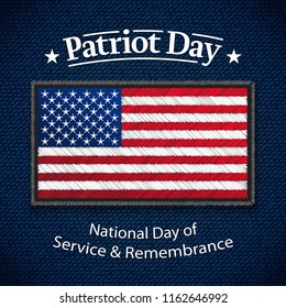 Patriot Day. September 11. USA Flag on jeans fabric. Vector illustration. Digital craft style - embroidery, patch, simulating real fabric.