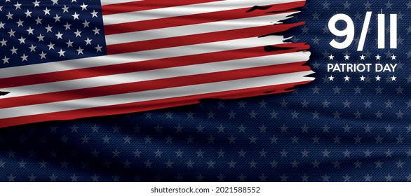 Patriot day. September 11 we will never forget patriot day background. United states flag poster. American torn flag and text on blue with stars background for Patriot Day. Vector illustration.