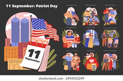 Patriot Day set. Commemorating 9 11 through ceremonies, vigils, and tributes. Reflecting unity, honor, and memory in America. Vector illustration.