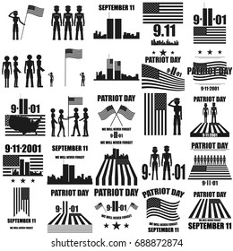 Patriot Day set icons in black style. Vector