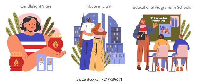 Patriot Day set. Illustration of citizens honoring 9 11 with candlelight vigils, city light tributes, and educational school programs. Vector illustration.