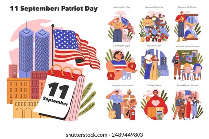 Patriot Day set. Remembrance activities and tributes for 9 11. Commemorating with flags, services, and educational programs. Vector illustration.