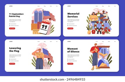 Patriot Day set. Remembrance and honor for 9 11 victims. Commemorative rituals, lowering the flag, and moments of silence. Vector illustration.