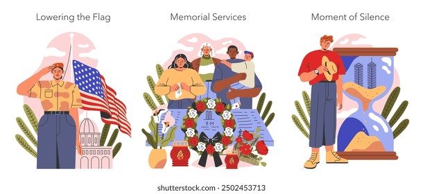 Patriot Day set. Respectful observance of national remembrance with flag ceremony, memorial service, and moment of silence. Solemn tributes to honor heroes and victims. Vector illustration.