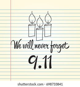 Patriot day, simple memorial design vector illustration 11 september. USA accident, world trade centre, we will never forget. Hand draw style, simple doodle.