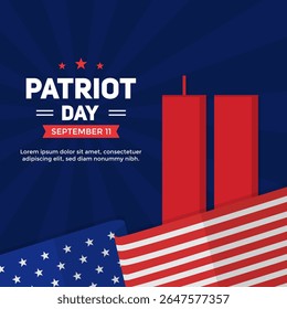 Patriot Day social media post. Patriot Day greeting square background with red twin tower and American flag on dark blue