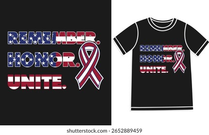 Design de camiseta Patriot Day com a mensagem "Remember. Honra. Unam-se." com fita patriótica e cores de bandeira dos EUA. Um tributo ousado à unidade, coragem e lembrança.