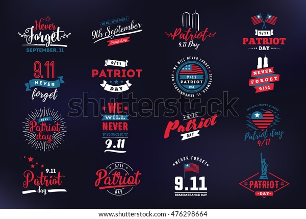 愛国者の日の活字体のエンブルセット 9 11のロゴ 私たちは決して忘れない ベクターイラスト 9月11日 愛国者向けのはがき チラシ ポスター バナー Tシャツのデザイン のベクター画像素材 ロイヤリティフリー