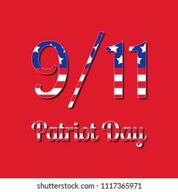 Patriot Day in the United States. 11 September. Concept of the American national holiday. Text with USA flag image. Red background