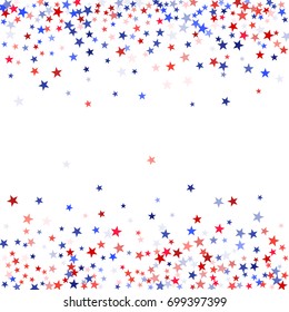 Patriot Day USA background with stardust border. Red and blue star dust border for American Independence Day graphic design. Flying holiday stars confetti for President Day celebration.