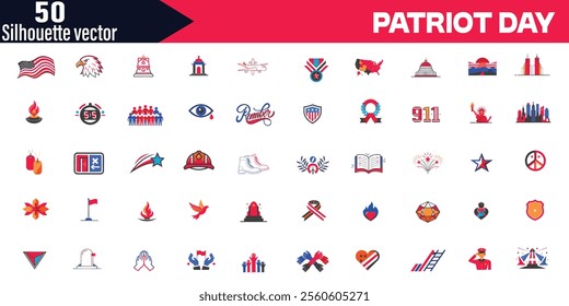 Patriot Day (USA), Editable Stroke Outline Web Silhouette Set, Patriot Day Greeting Card or Poster Design with American Flag, Commemorative Vector Illustration for Patriot Day USA, 9.11 Memorial Art