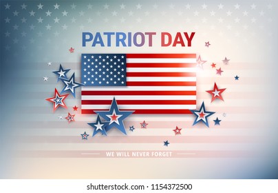 Patriot Day USA flag vector background. The United States flag in sunshine light, Patriot Day, We Will Never Forget text, proud flag illustration for patriotic banner,greeting card, US national event
