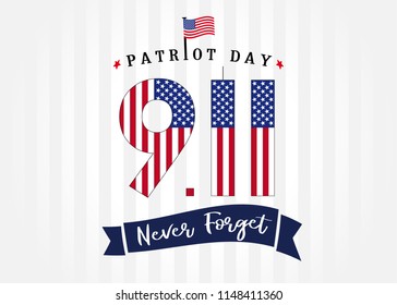 Patriot day USA, Never forget lettering and  9/11 numbers on light stripes banner. Patriot Day, September 11, We will never forget text on light beams background