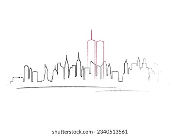 Patriot day in USA. One line drawing New York Skyline. Patriot day banner with Twin Towers in NYC. 