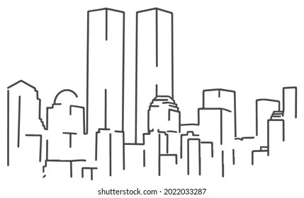 Patriot day in USA. Twin towers. Hand drawn world trade center. One line drawing towers. New York city in line art.