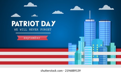 Día del Patriota de Estados Unidos Nunca olvidaremos el 11 de setiembre. Antecedentes Con la ilustración vectorial de diseño de la ciudad de Nueva York.