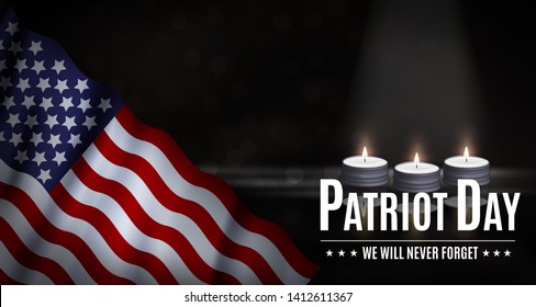 Patriot Day vector illustration. Banner, poster template with american flag, candles and text on dark background. We will never forget the Victims of the Terrorist Attacks On September 11, 2001.