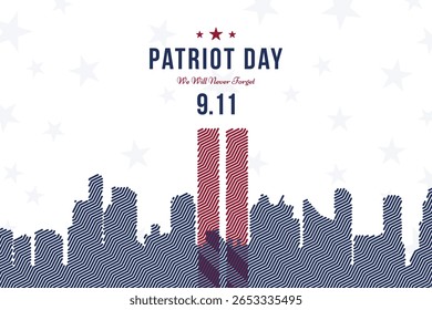 Ilustração vetorial do Dia Patriota com a silhueta das torres gêmeas e a citação Nós nunca esqueceremos. Banner para os designs da lembrança de 11 de setembro e eventos patrióticos.