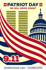 Patriot Day vintage banner or poster. We will never forget September 11. Vector illustration