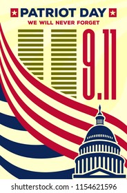 Patriot Day vintage banner or poster. We will never forget September 11. Vector illustration