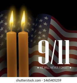 Patriot day. We will never forget. 9/11 memorial day. Vector banner with flag of usa and candles