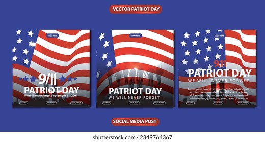 patriot day we will never forget. banner, social media post, flyer or greeting card with blue red democracy story and American flag theme. vector illustration