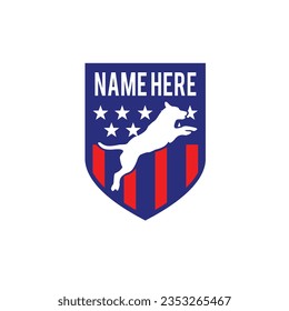 patriot dog, dog hero, shield, badge logo, american dog in flag The round badge shape gives the logo a retro feel, letting it stand out as a powerful and proud symbol of protection.An American-them