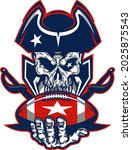 patriot football skull mascot holding ball with crossed swords for school, college or league