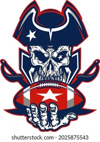 patriot football skull mascot holding ball with crossed swords for school, college or league