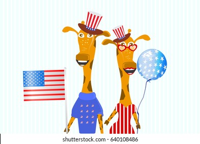 The Patriot THE GIRL AND THE BOY In a hat and with a flag. CHILDREN'S ILLUSTRATION. Giraffes. Independence Day United States. Illustration for your design. Fourth of July. The day of the American flag