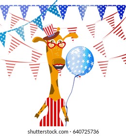 Patriot GIRL, MISS In a hat and with a flag. CHILDREN'S ILLUSTRATION. Giraffe. Independence Day United States. Illustration for your design. Fourth of July. The day of the American flag.
