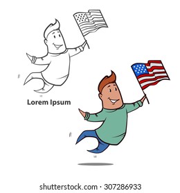 patriot man holding American flag, simple illustration
