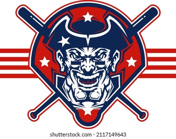 patriot mascot with crossed bats on a baseball diamond for school, college or league