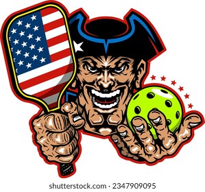 patriot mascot holding a pickleball and paddle for school, college or league sports