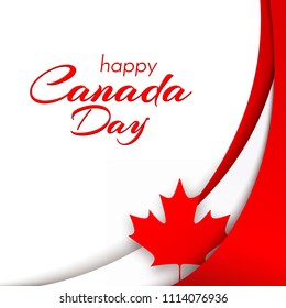 Patriot poster with Canada flag and the text of the Happy Canada Day Wavy red satin lines and a maple leaf on a white background The national patriotic symbol Poster Canada flag Vector background