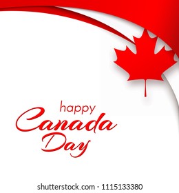 Patriot poster with Canada flag and the text of the Happy Canada Day Wavy red satin lines and a maple leaf on a white background The national patriotic symbol Poster Canada flag Vector background