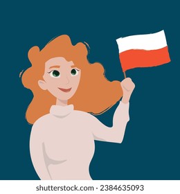 A patriot redhead girl with a polish flag on a blue background, national holiday related poster.