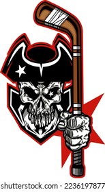 patriot skull mascot with hockey stick for school, college or league sports