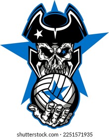 patriot skull mascot holding volleyball for school, college or league sports