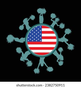 Patriot USA flag cheerleader dancer woman figure vector silhouette isolated. America cheer leading girl sport support. Patriotic lady performer energy dance fan. Win celebration show entertainment.