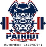 patriot weightlifting team design with mascot holding barbell in his mouth for school, college or league