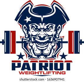 patriot weightlifting team design with mascot holding barbell in his mouth for school, college or league