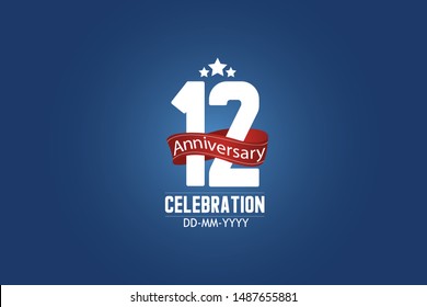 Patriotic 12 year anniversary celebration white color number USA Style Red ribbon on Blue Background for celebration, logo, wedding, banner card - vector