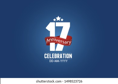 Patriotic 17 year anniversary celebration white color number USA Style Red ribbon on Blue Background for celebration, logo, wedding, banner card - vector
