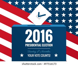 Patriotic 2016 voting poster with voting box and american flag on background. Presidential election 2016 in USA. Flat design, vector illustration.